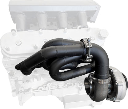 GM LS Twin Turbo Long Runner Manifolds  Forward Facing, High Mount with 2.5" V-Band, Sold As a Pair