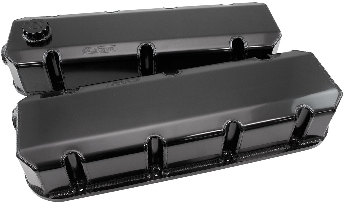 Aeroflow Fabricated Aluminium Valve Covers, Black  Suit BB Chevy with -12 ORB Breather Ports