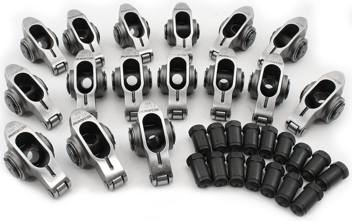 Aeroflow Big Block Chev Stainless Steel Roller Rocker Set  7/16" Stud Mount, 1.80 Ratio, Set of 16