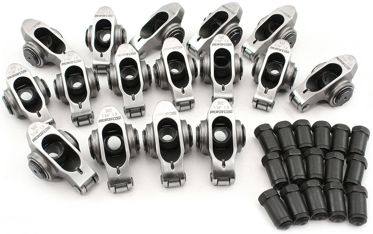 Aeroflow Small Block Ford Windsor 289-351 Stainless Steel Roller Rocker Set  7/16" Stud Mount, 1.80 Ratio, Set of 16