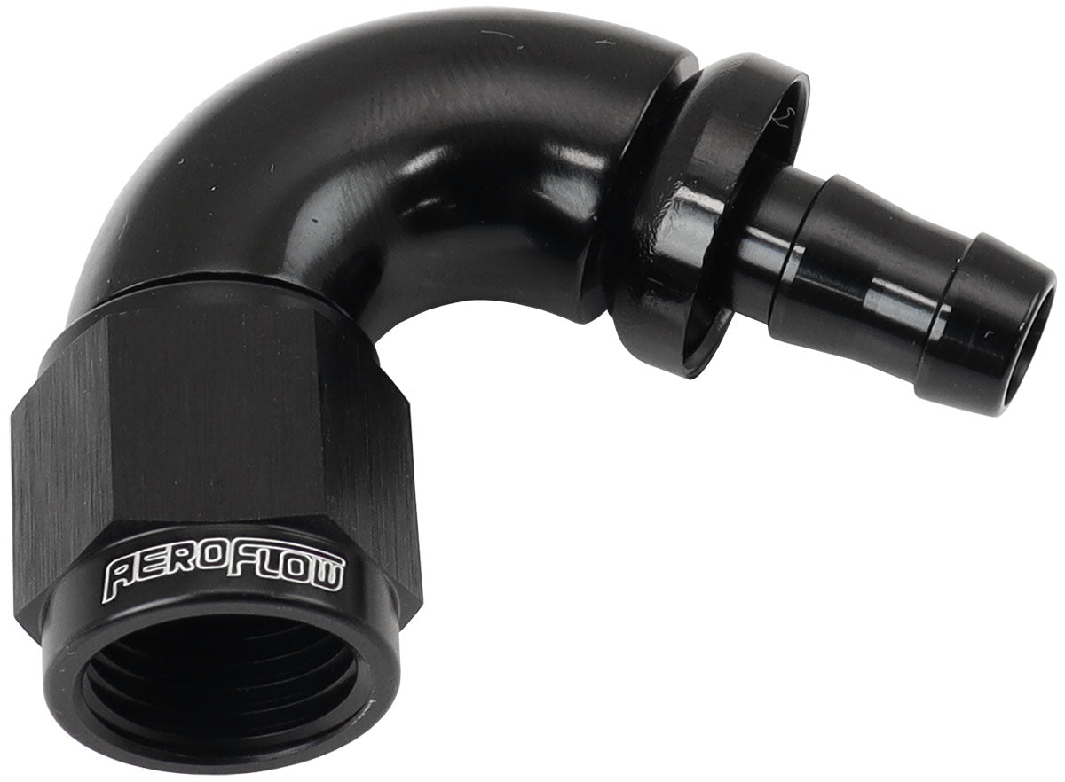 510 Series Full Flow Tight Radius Push Lock 120° Hose End -6AN To 5/16" (8mm) Barb   Black Finish. Suits 400 & 500 Series Hose