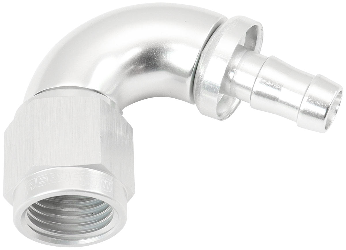 510 Series Full Flow Tight Radius Push Lock 120° Hose End -6AN To 5/16" (8mm) Barb   Silver Finish. Suits 400 & 500 Series Hose