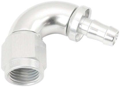 510 Series Full Flow Tight Radius Push Lock 120° Hose End -6AN To 5/16" (8mm) Barb   Silver Finish. Suits 400 & 500 Series Hose