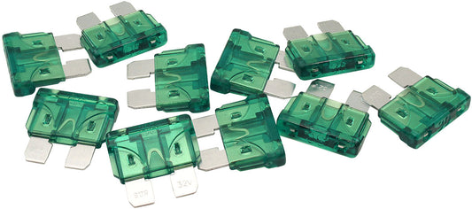Aeroflow 30 AMP Standard Blade Fuses â€“ 10 Pack  Green Body Colour