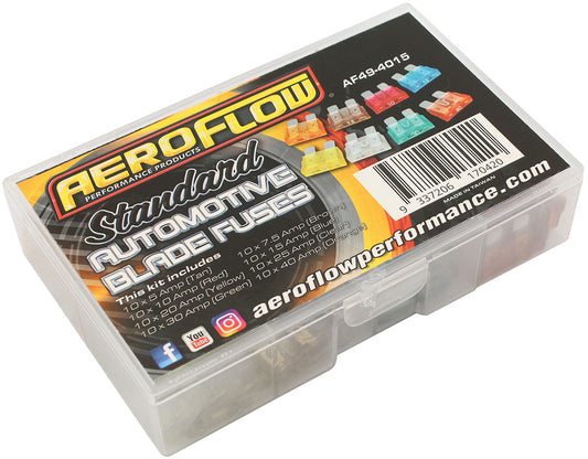 Aeroflow Bulk Multi Pack Standard Blade Fuses â€“ 90 Pieces  10 of Each 5 AMP up to 40 AMP Fuses Included