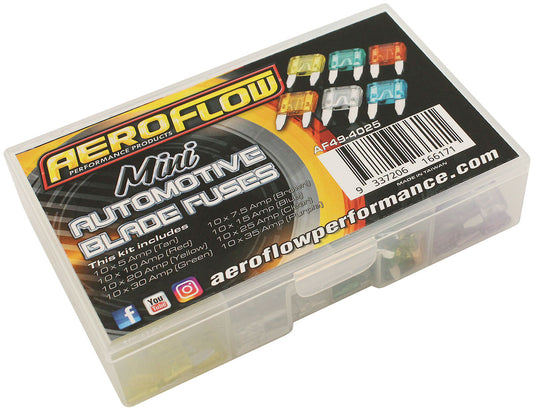 Aeroflow Bulk Multi Pack Mini Blade Fuses â€“ 80 Pieces  10 of Each 5 AMP up to 35 AMP Fuses Included