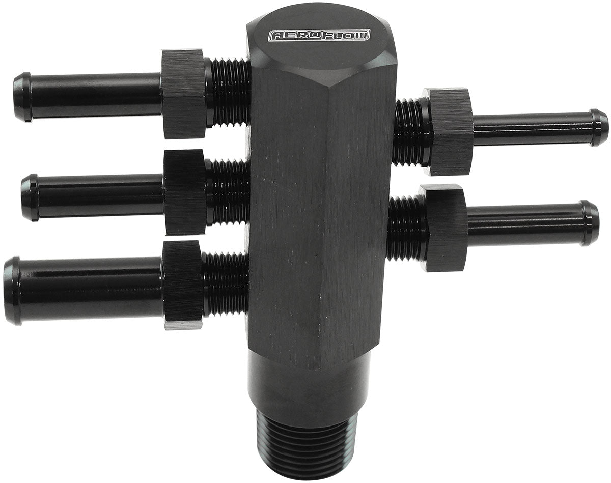 Aeroflow 3/8" NPT Aluminium Vacuum Tree - Black Finish  1 x 3/16", 3 x 1/4", 1 x 3/8" Barbs Included