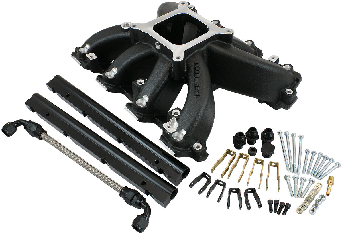 Aeroflow GM LS Rectangle Port Carburettor Hi Rise Race Single Plane EFI Intake Manifold, Black Finish   4 Barrel 4150 Square Bore Carburettor Pad