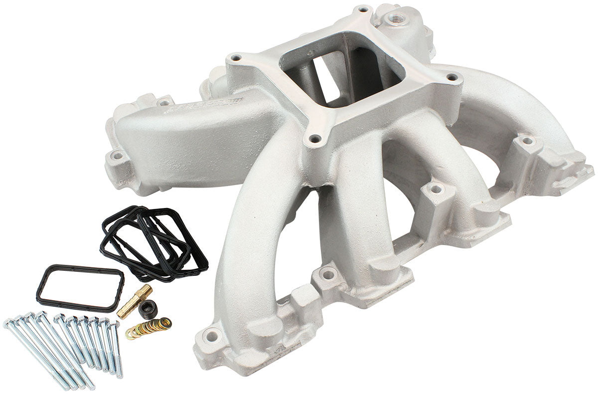 Aeroflow GM LS Rectangle Port Carburettor Hi Rise Single Plane Non-EFI Intake Manifold, Natural Cast Finish   4 Barrel 4150 Square Bore Carburettor Pad