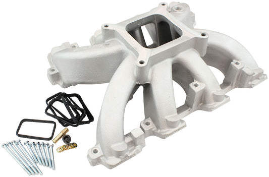 Aeroflow GM LS Rectangle Port Carburettor Hi Rise Single Plane Non-EFI Intake Manifold, Natural Cast Finish   4 Barrel 4150 Square Bore Carburettor Pad