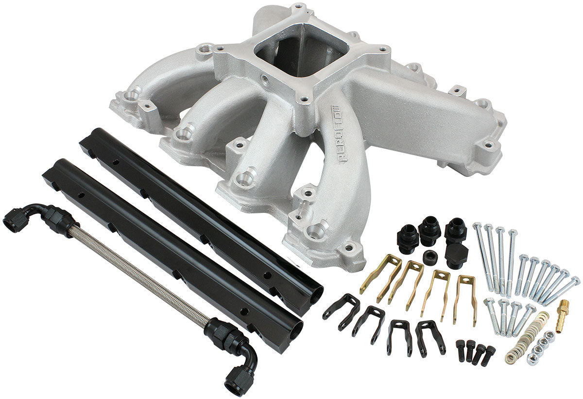Aeroflow GM LS Rectangle Port Carburettor Hi Rise Race Single Plane EFI Intake Manifold, Natural Cast Finish   4 Barrel 4150 Square Bore Carburettor Pad
