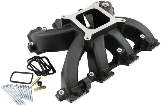 Aeroflow GM LS Rectangle Port Carburettor Hi Rise Single Plane Non-EFI Intake Manifold, Black Finish   4 Barrel 4150 Square Bore Carburettor Pad