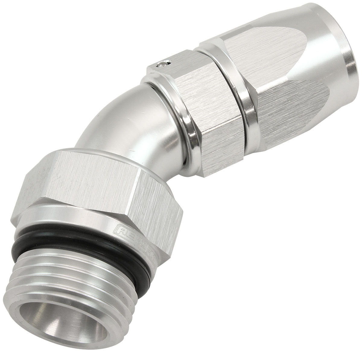 Aeroflow ORB Taper Swivel 45° Hose End -8 ORB to -6AN  Silver Finish. Suit 200 & 250 Series Hose