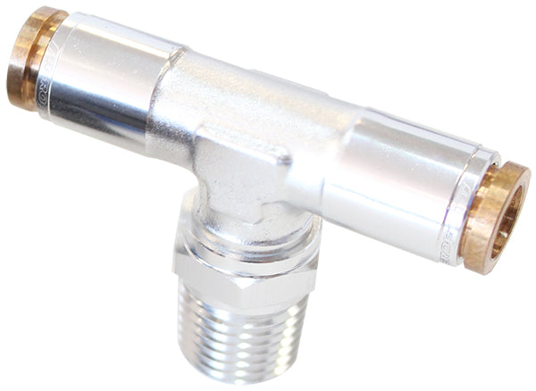 120 Series 1/4" NPT to 1/4" Push to Connect Tee Fitting   Silver Finish. Suits 120 Series Nylon Hose