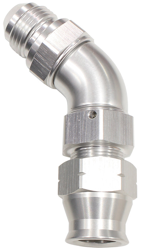 45° Tube to Male AN Adapter 1/2"to -8AN   Silver Finish. Suits Aeroflow, Moroso & Russell Tubing