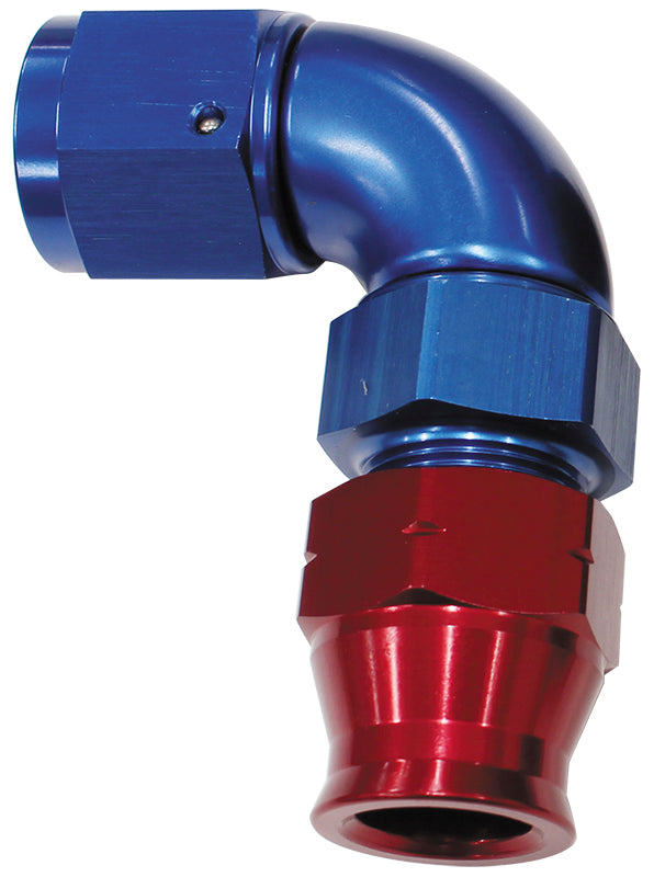 90° Tube to Female AN Adapter 3/8"to -6AN  Blue/Red Finish. Suits Aeroflow, Moroso & Russell Tubing