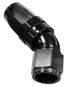 150 Series Taper One-Piece Full Flow Swivel 45° Hose End -6AN   Black Finish. Suit 100 & 450 Series Hose