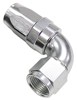 150 Series Taper One-Piece Full Flow Swivel 90° Hose End -6AN   Silver Finish. Suit 100 & 450 Series Hose