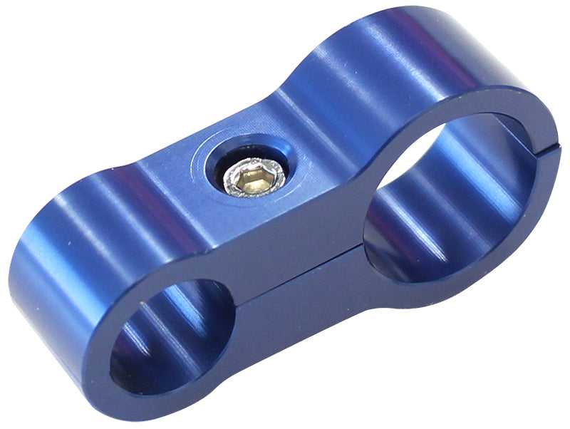 Stepped Billet Aluminium Dual Hose Separators   7/16" (11.1mm) I.D. & 9/16" (14.2mm) I.D., Suit -6AN & -8AN PTFE hose, Blue finish