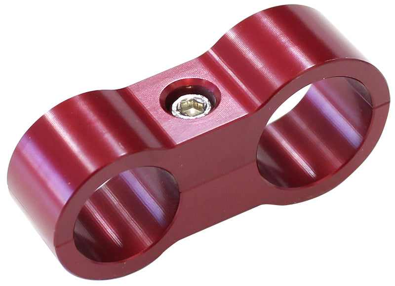 Stepped Billet Aluminium Dual Hose Separators   7/16" (11.1mm) I.D. & 9/16" (14.2mm) I.D., Suit -6AN & -8AN PTFE hose, Red finish