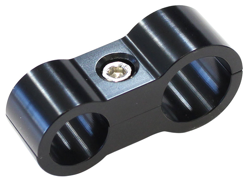 Stepped Billet Aluminium Dual Hose Separators   9/16" (14.2mm) I.D. & 5/8" (15.9mm) I.D., Suit -8AN & -10AN PTFE hose, Black finish
