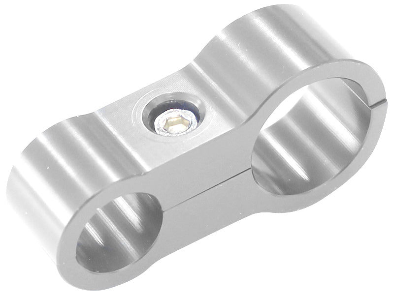 Stepped Billet Aluminium Dual Hose Separators   9/16" (14.2mm) I.D. & 5/8" (15.9mm) I.D., Suit -8AN & -10AN PTFE hose, Silver finish