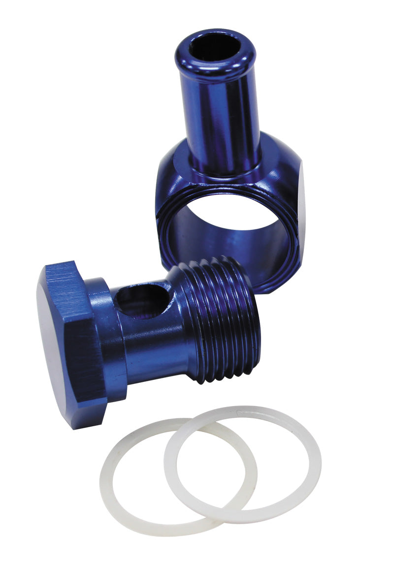 Alloy AN Banjo with Bolt 5/8" to 3/8 Barb  Blue Finish. Suits Edelbrock Carburettors