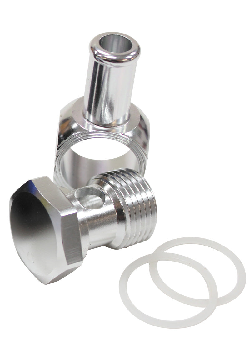 Alloy AN Banjo with Bolt 5/8" to 3/8 Barb  Silver Finish. Suits Edelbrock Carburettors