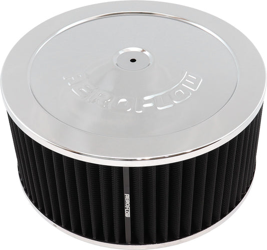 Aeroflow Chrome Air Filter Assembly   11" x 5", 5-1/8" neck, Flat Base with black washable cotton element