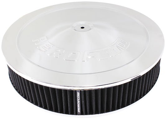 Chrome Air Filter Assembly   14" x 3", 5-1/8" neck, 1-1/8" Drop base , black washable cotton element