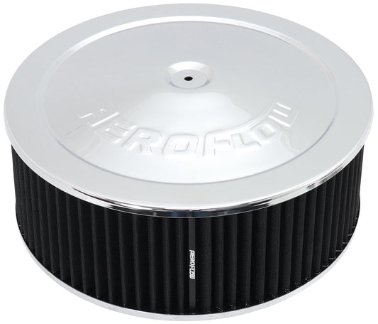 Chrome Air Filter Assembly   14" x 5", 5-1/8" neck, 1-1/8" Drop base , black washable cotton element