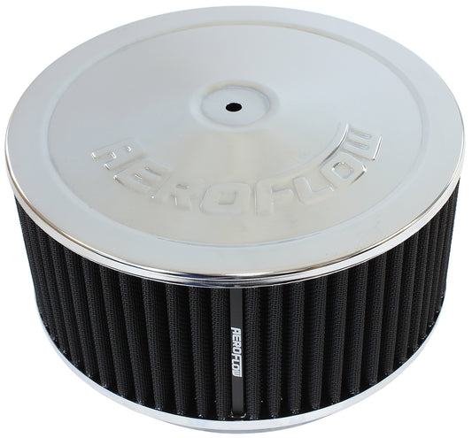 Chrome Air Filter Assembly   9" x 4", 7-5/16" neck,Flat Base with black washable cotton element