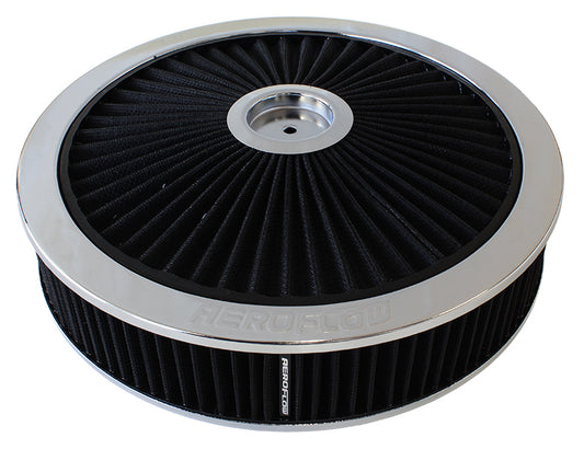 Chrome Full Flow Air Filter Assembly with 1-1/8" Drop base   14" x 3", 5-1/8" neck, black washable cotton element