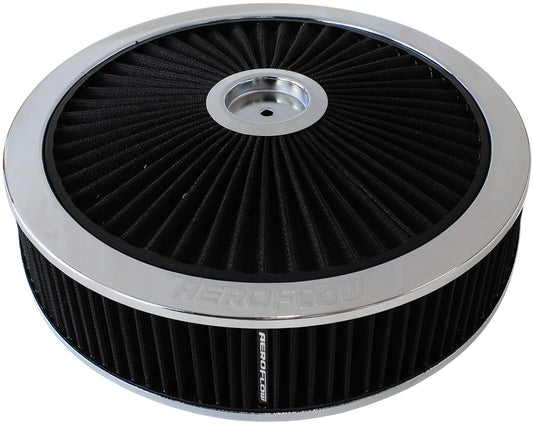 14" x 5" Full Flow Air Filter Assembly,Chrome   1-1/8" Drop Base. Washable Cotton Element. Fits 5-1/8" Neck