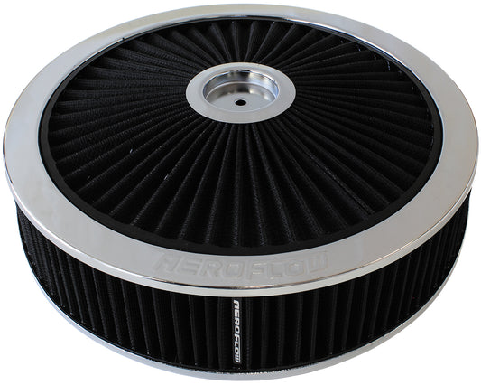 Chrome Full Flow Air Filter Assembly   14" x 3", 7-5/16" neck,Flat Base with black washable cotton element