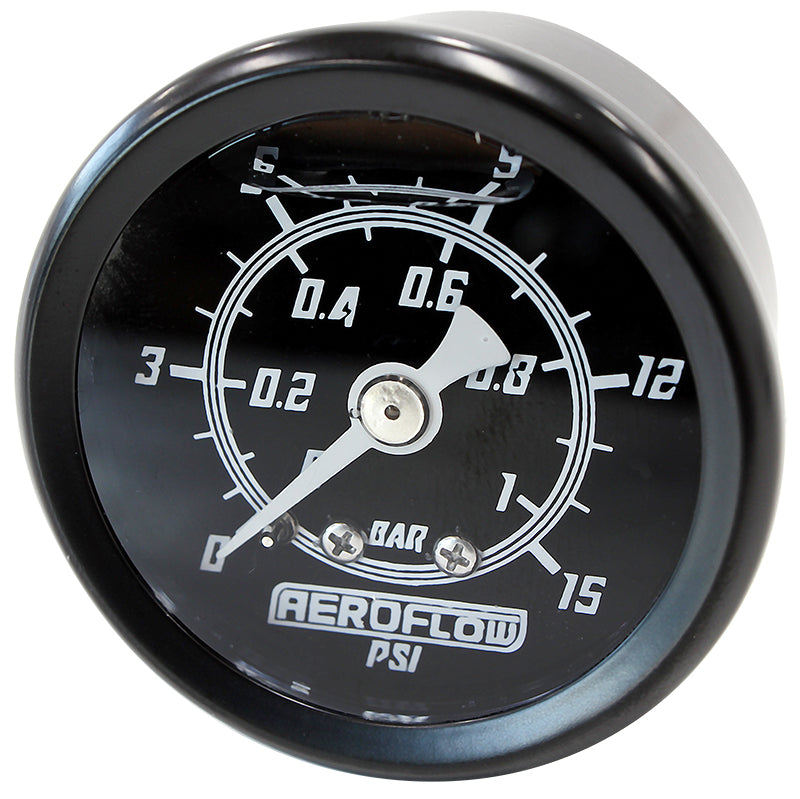 1-1/2" Liquid Filled 15 psi Pressure Gauge   Black Face, White Pointer, 1/8" NPT Male Thread