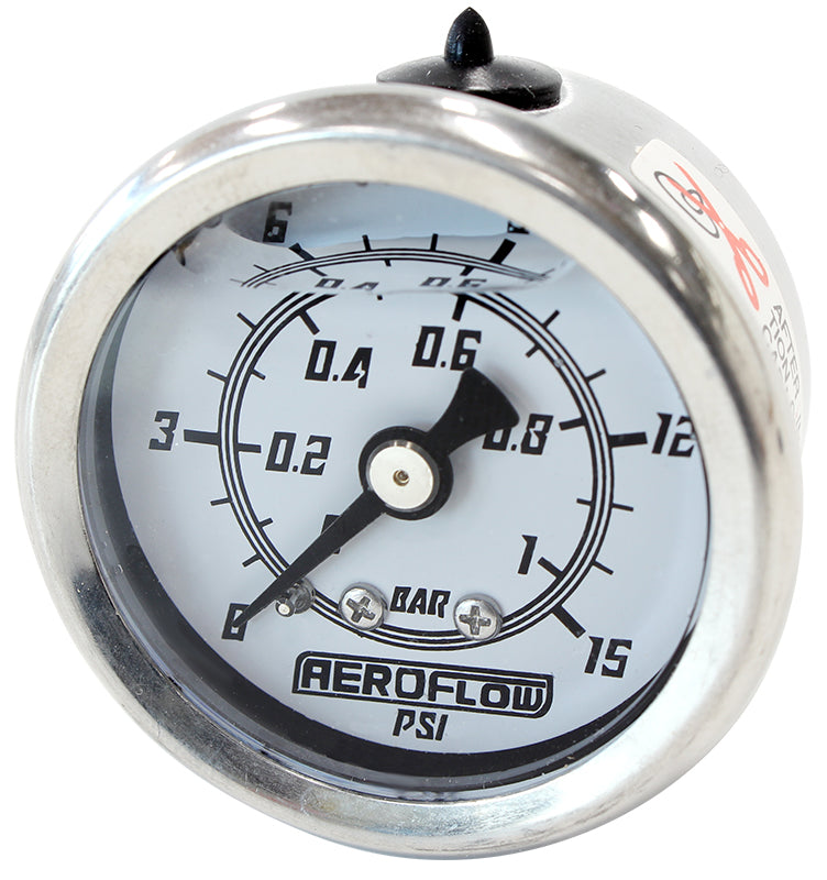 1-1/2" Liquid Filled 15 psi Pressure Gauge   White Face, Black Pointer, 1/8" NPT Male Thread