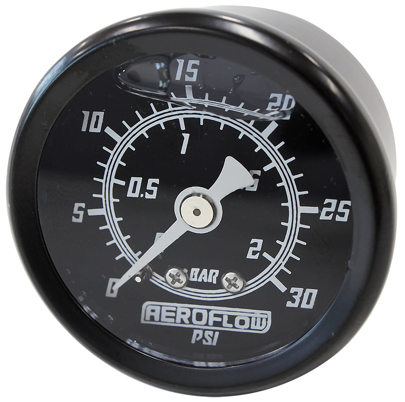 1-1/2" Liquid Filled 30 psi Pressure Gauge   Black Face, White Pointer, 1/8" NPT Male Thread
