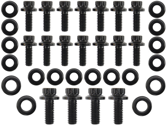Small Block Chev with 1 Piece Gasket Oil Pan Bolt Kit - Black Finish   12 Point Head and 8740 Grade Material