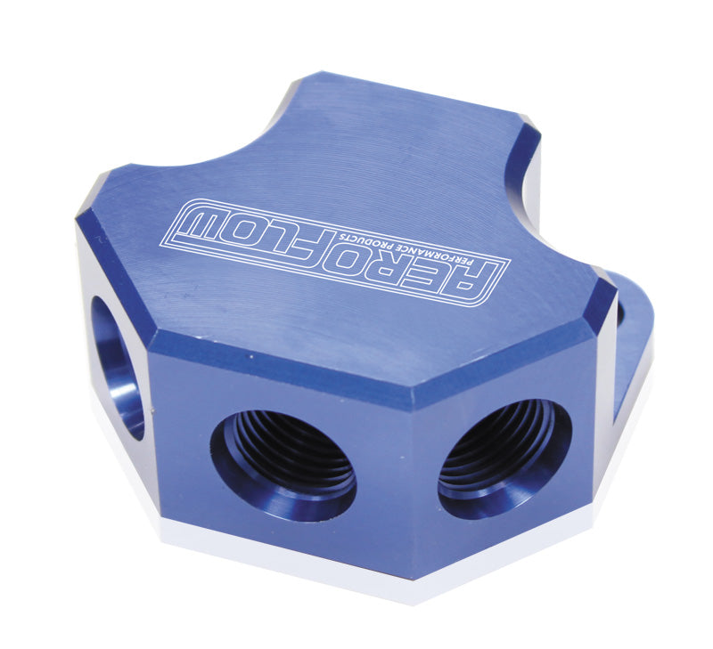 Billet 4 Port ORB Y-Block  Blue Finish. 3 x -8 ORB Ports, 1 x -10 ORB Port
