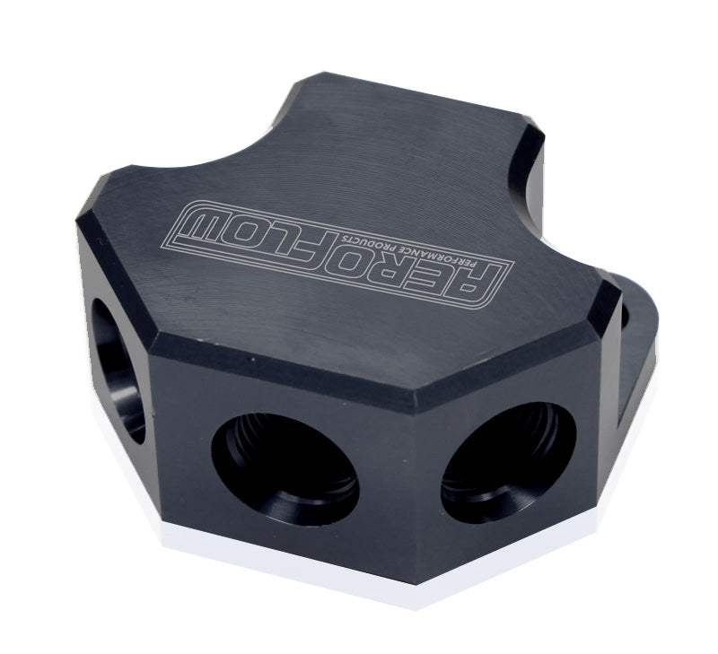 Billet 4 Port ORB Y-Block  Black Finish. 3 x -8 ORB Ports, 1 x -10 ORB Port