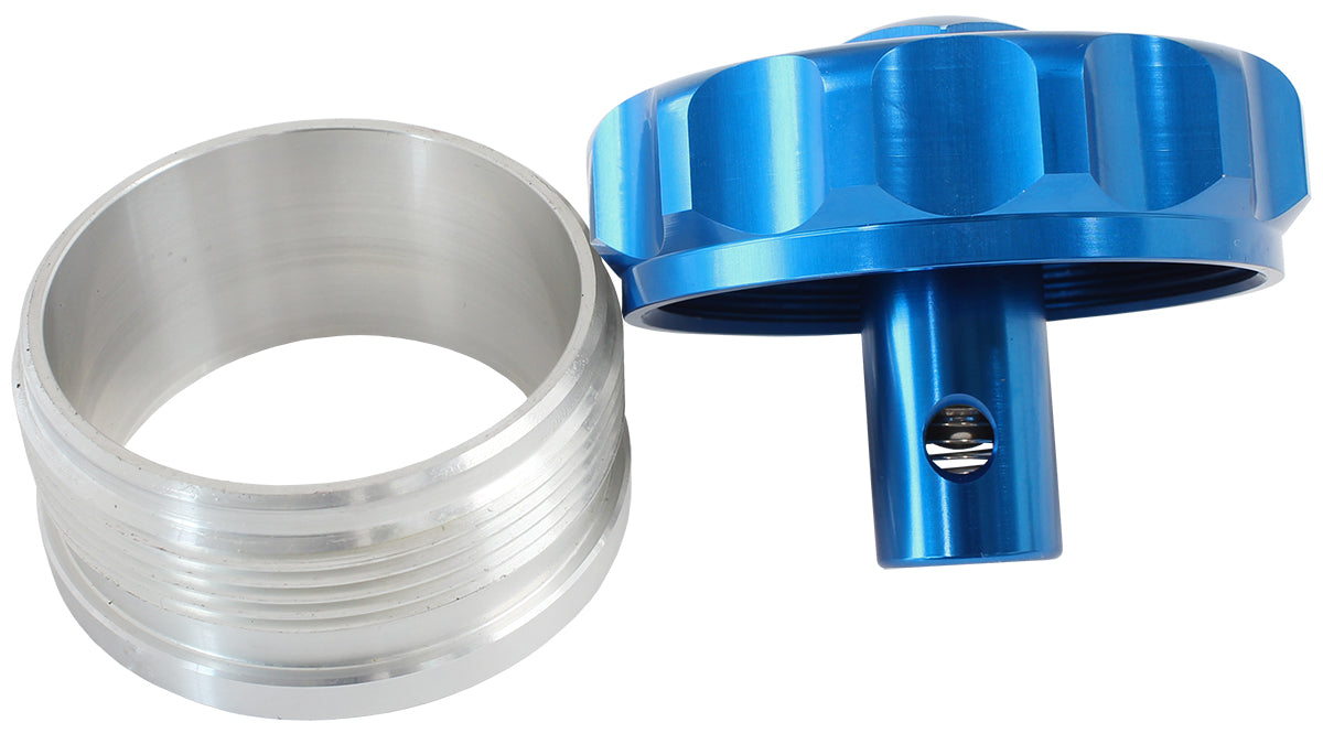 Billet Aluminium Weld-On Filler Neck & Cap - Blue  2" I.D Weld-On With Rollover Valve Cap
