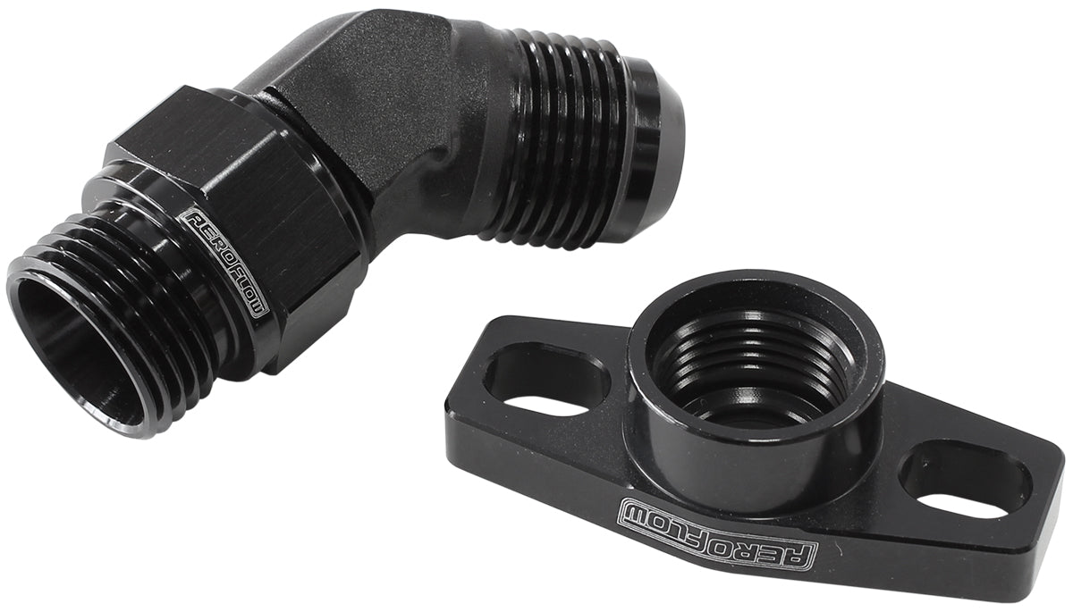 45° Turbo Drain Adapter  With -10AN Fitting, 38-44mm Hole Centres. Black Finish.