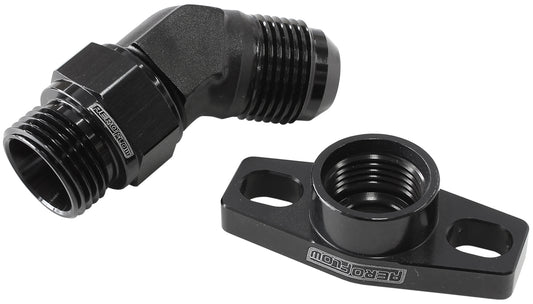 45° Turbo Drain Adapter  With -10AN Fitting, 38-44mm Hole Centres. Black Finish.