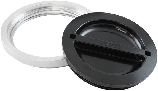 Flush Mount 6" Billet Aluminium Filler Black Cap & Bung for Ice Box    6" Female Alloy weld-on Bung