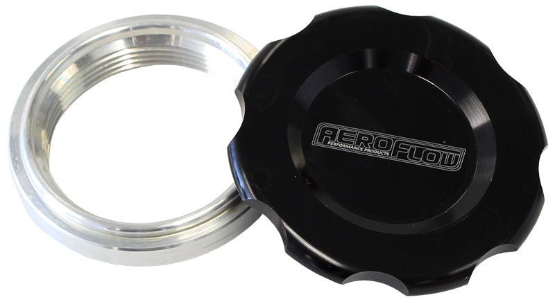 Low Profile Billet Aluminium Filler Cap & Bung  2" Female weld-on bung, includes Buna N & EPR O-rings. Black Cap