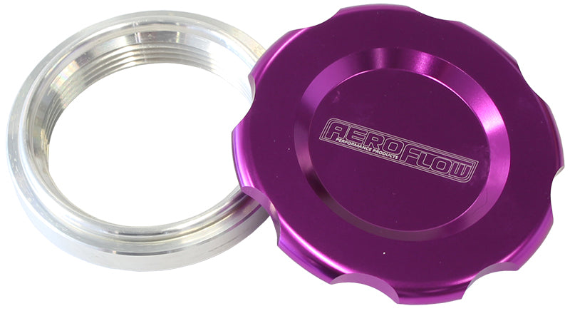 Low Profile Billet Aluminium Filler Cap & Bung  2" Female weld-on bung, includes Buna N & EPR O-rings. Purple Cap