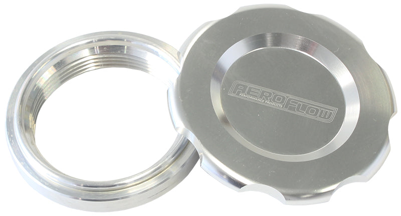 Low Profile Billet Aluminium Filler Cap & Bung  2" Female weld-on bung, includes Buna N & EPR O-rings. Silver Cap