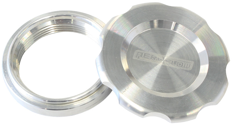 Low Profile Billet Aluminium Filler Cap & Bung  3" Female weld-on bung, includes Buna N & EPR O-rings. Raw Cap