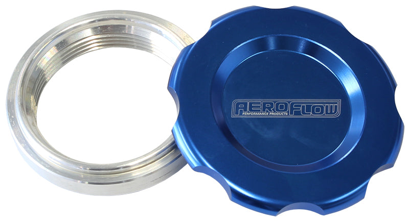 Low Profile Billet Aluminium Filler Cap & Bung  3" Female weld-on bung, includes Buna N & EPR O-rings. Blue Cap